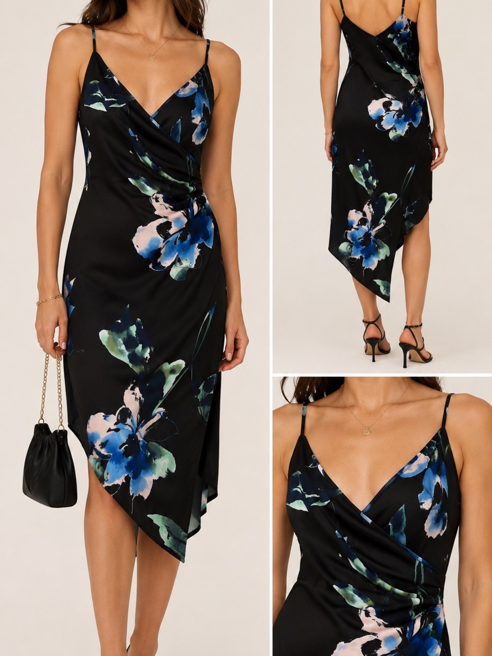 Le Château Black Floral Asymmetrical Slip Dress NWT XS Elegant Cocktail Midi Y2K